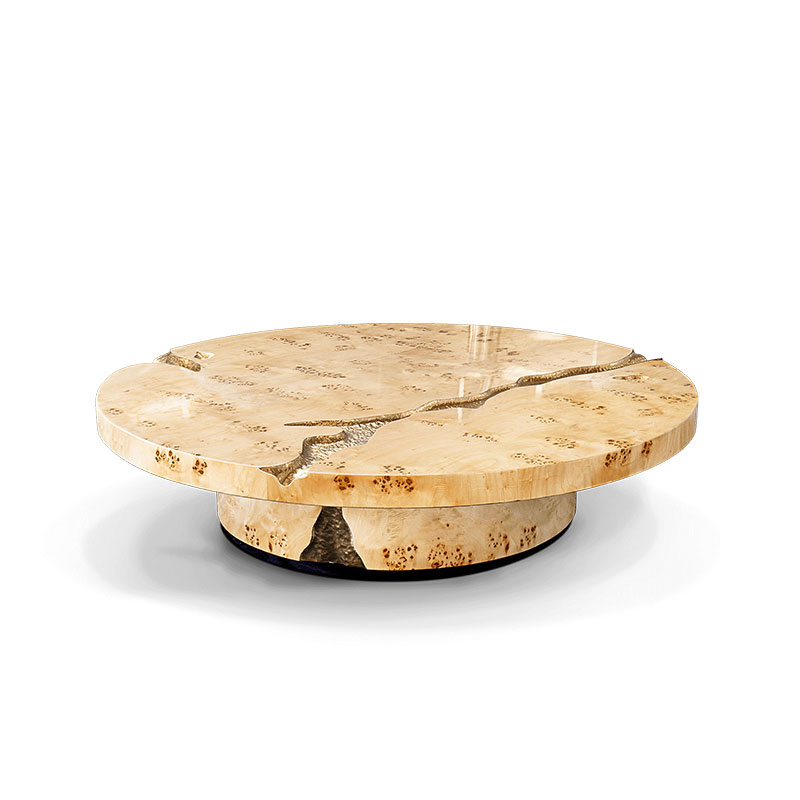 Factory Direct Luxury Wooden Round Coffee Table with Gold Foil Inlay – Sofa End Table for Villa Living Room