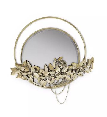 Incorporating the iconic floral leaf aesthetic of the McQueen collection, the McQueen II Wall Mirror showcases a refined and simplified design. Simplicity is beauty, and this mirror has a contemporary luxury, kept in the tradition of the jewelry artisans. Like a savage beauty, this elegant design piece brings the powerful evocation of the sublime. The magnificent foliage is made of hammered brass with a gold-plated finish and a rhythmic luminosity from the crystals.