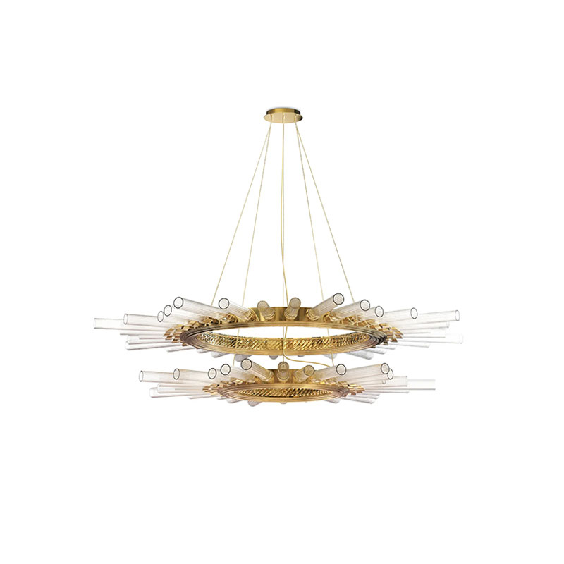 Artistic Gold And Clear Glass Pendant Light with Innovative Dual-Ring Design, Perfect for Enhancing Modern Interiors And Creating A Stunning Focal Point