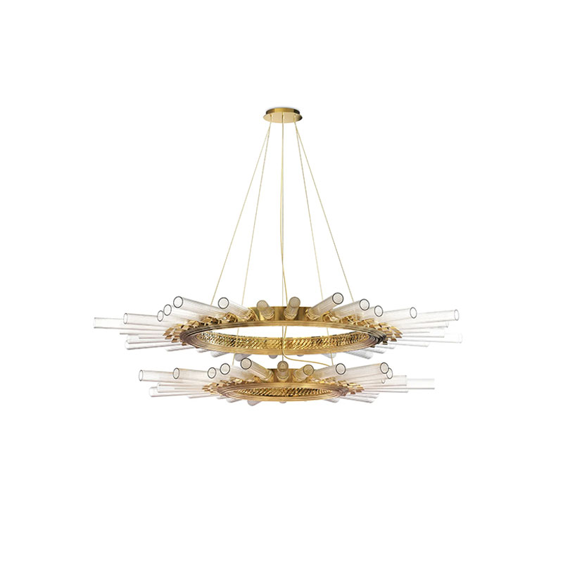Artistic Gold And Clear Glass Pendant Light with Innovative Dual-Ring Design, Perfect for Enhancing Modern Interiors And Creating A Stunning Focal Point