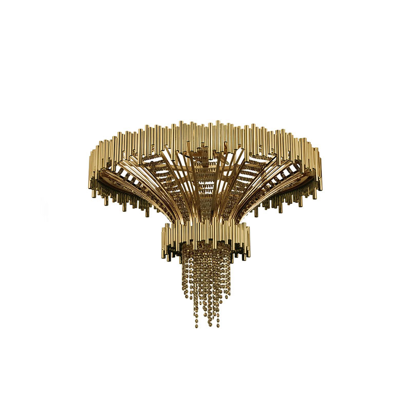 Elegant Plafond Light Fixture with Gold-Plated Brass And Gold Teak Crystals for Classic And Modern Interiors