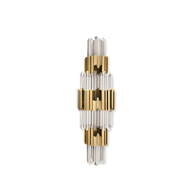 Luxurious Gold And Clear Crystal Wall Lamp with Layered Geometric Design, Perfect for Elevating Modern Interiors