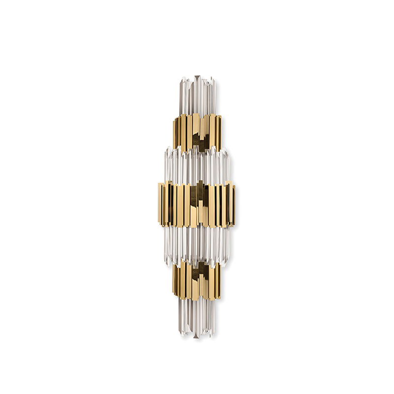 Luxurious Gold And Clear Crystal Wall Lamp with Layered Geometric Design, Perfect for Elevating Modern Interiors