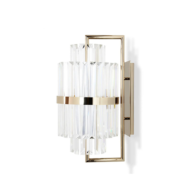 Contemporary Clear Crystal Wall Sconce with Gold Accent Bands, Ideal for Enhancing Modern And Luxurious Decor