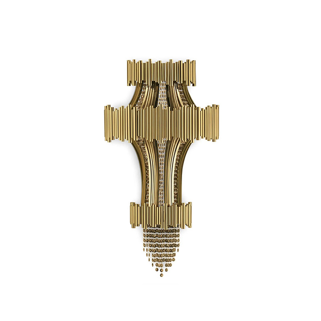 Ornate Cross-Design Golden Wall Sconce with Crystal Embellishments And Cascading Beads - Regal Illumination for Luxury Interiors