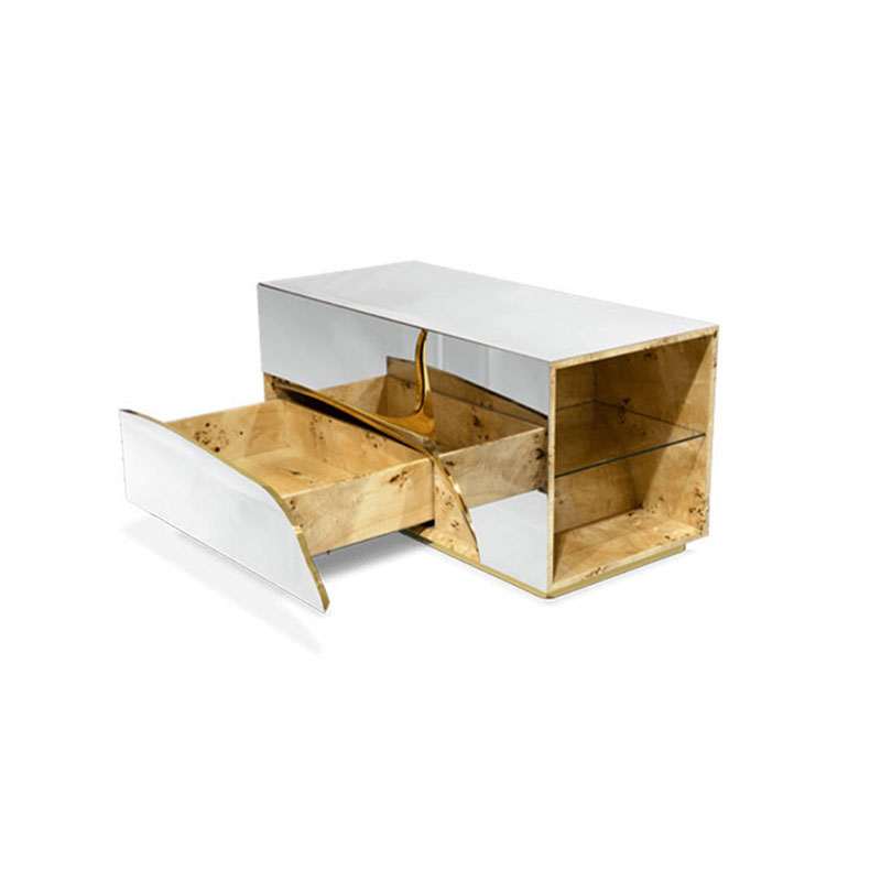 Stainless Steel Frame Y-Shaped Light Luxury Villa Bedroom Bedside Table – Elegant Double-Drawer Bedside Cabinet for Hotel Rooms
