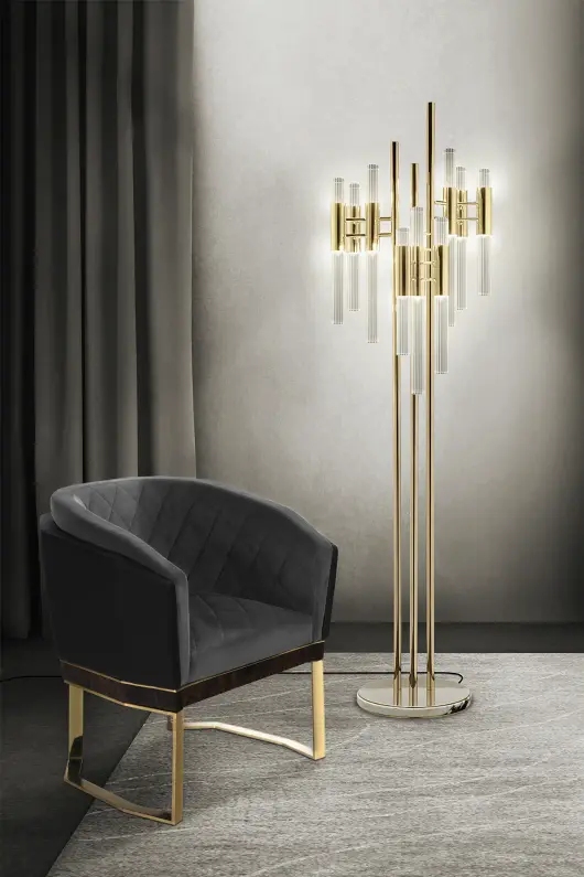 Sleek Multi-Arm Floor Lamp with Gold Accents And Clear Glass Tubes for Contemporary Home Lighting