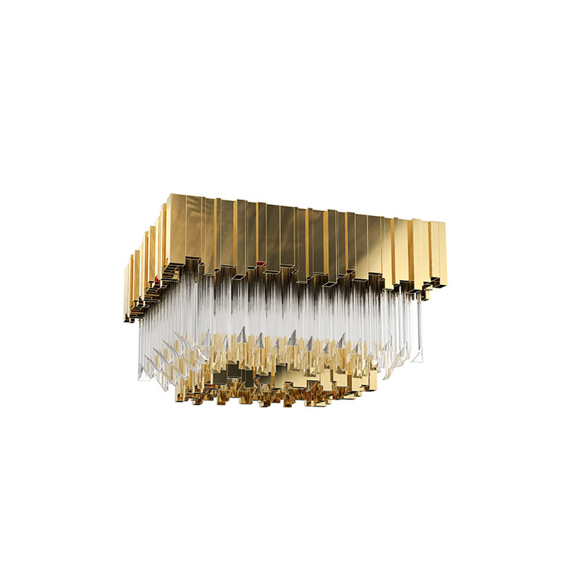 Square Plafond Light Fixture with Iconic Design in Crystal Glass And Gold-Plated Brass for Stylish Interiors