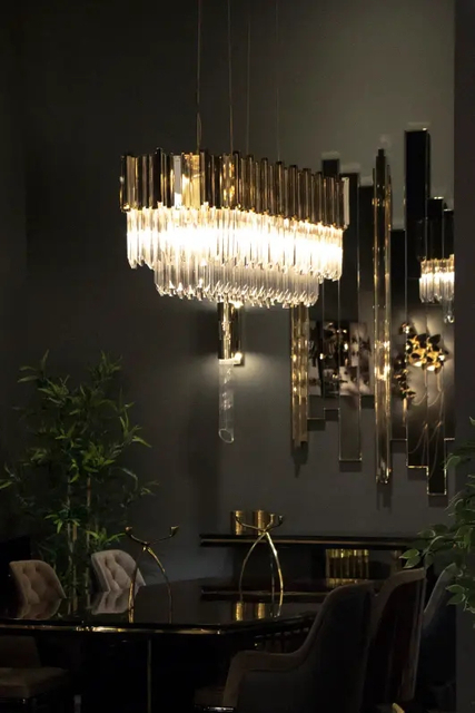 Sleek Gold And Crystal Pendant Light with Modern Geometric Design, Ideal for Dining And Living Room Décor, Enhancing Style And Sophistication