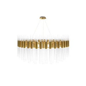 Sophisticated Gold And Clear Glass Pendant Light with Modern Tubular Design, Perfect for Elevating Dining Rooms And Contemporary Living Spaces