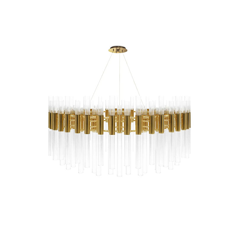 Sophisticated Gold And Clear Glass Pendant Light with Modern Tubular Design, Perfect for Elevating Dining Rooms And Contemporary Living Spaces
