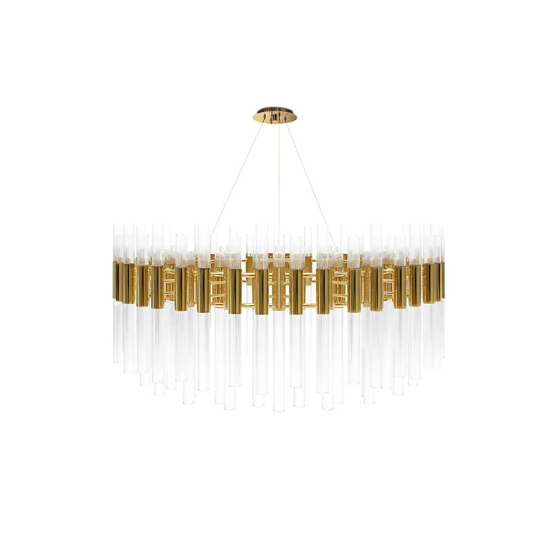 Sophisticated Gold And Clear Glass Pendant Light with Modern Tubular Design, Perfect for Elevating Dining Rooms And Contemporary Living Spaces