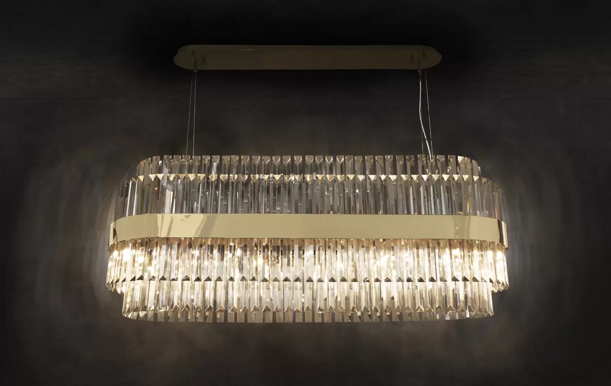 Modern Gold and Crystal Linear Pendant Light with Chic Textured Design, Ideal for Brightening Up Dining Areas and Contemporary Interiors