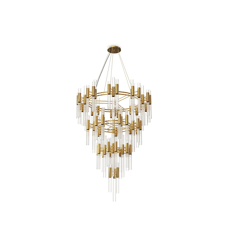 Contemporary Multi-Tiered Chandelier with Gold Accents And Clear Glass Tubes for Luxurious Home Lighting