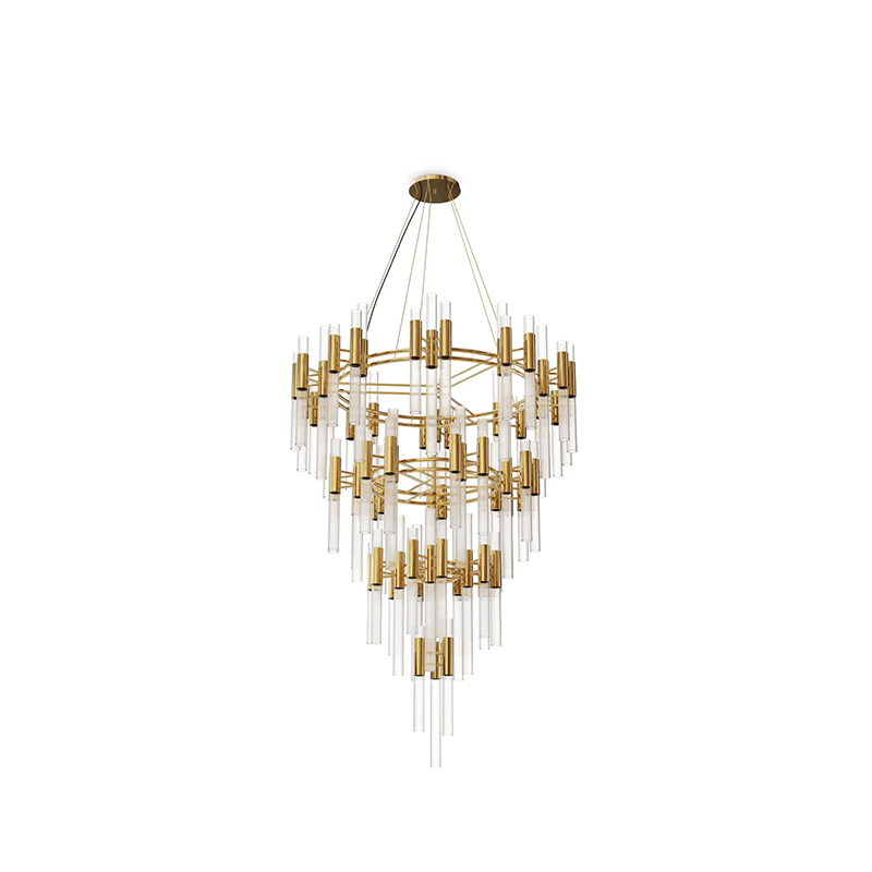 Contemporary Multi-Tiered Chandelier with Gold Accents And Clear Glass Tubes for Luxurious Home Lighting